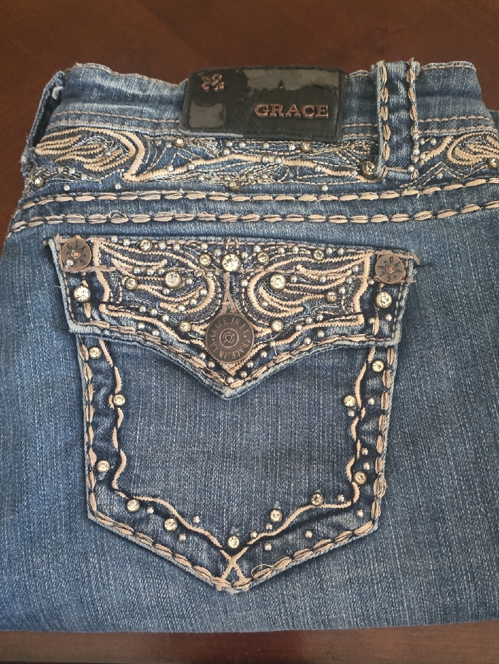 Grace in LA Women's Mid Blue Embellished Boot Cut Jeans